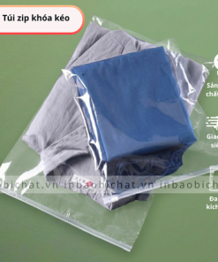 Cận cảnh túi zip đựng quần áo có khóa kéo trắng chắc chắn và mượt mà