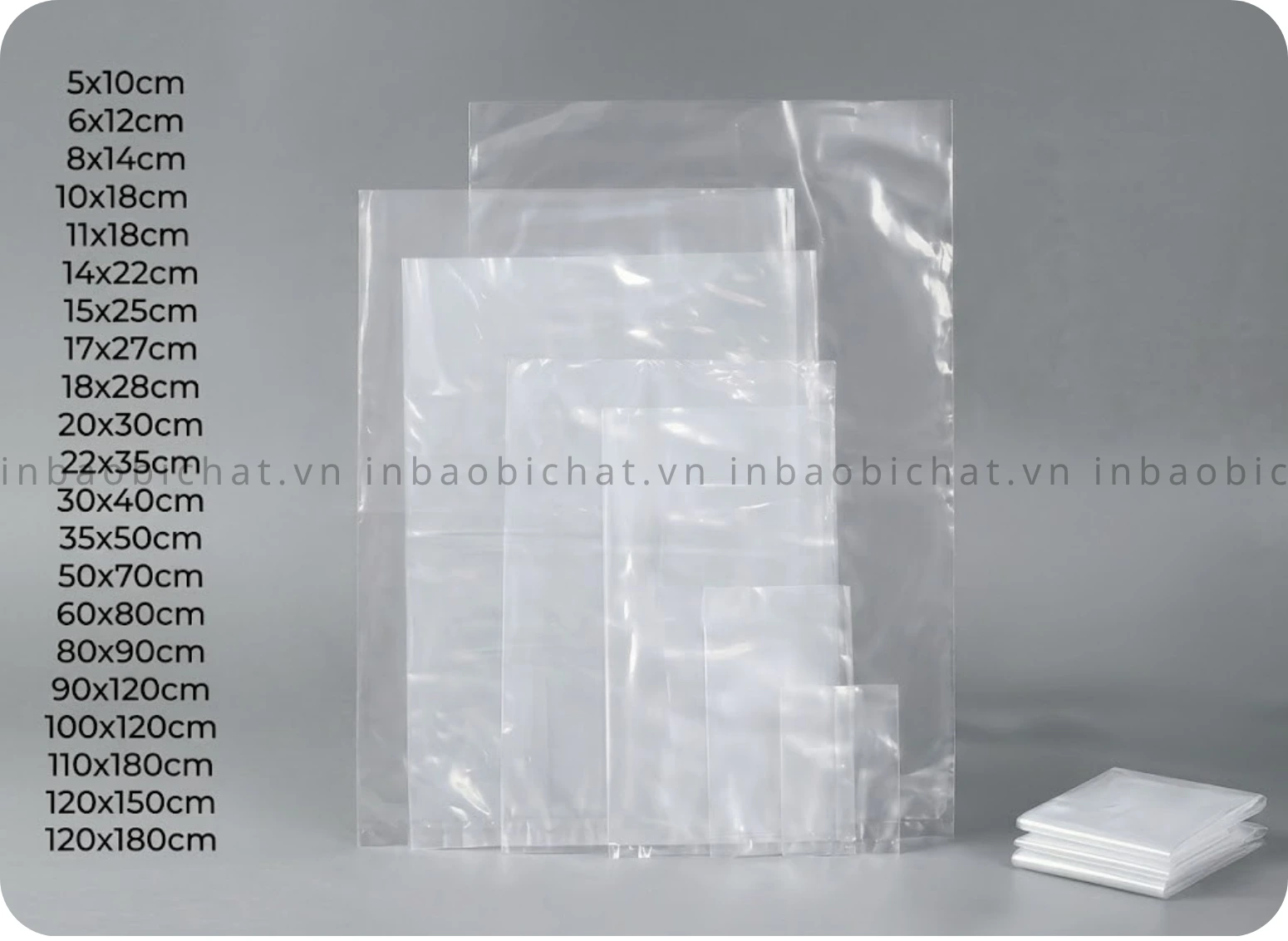 Bảng kích thước thực tế túi PE lèo hàng chợ có sẵn