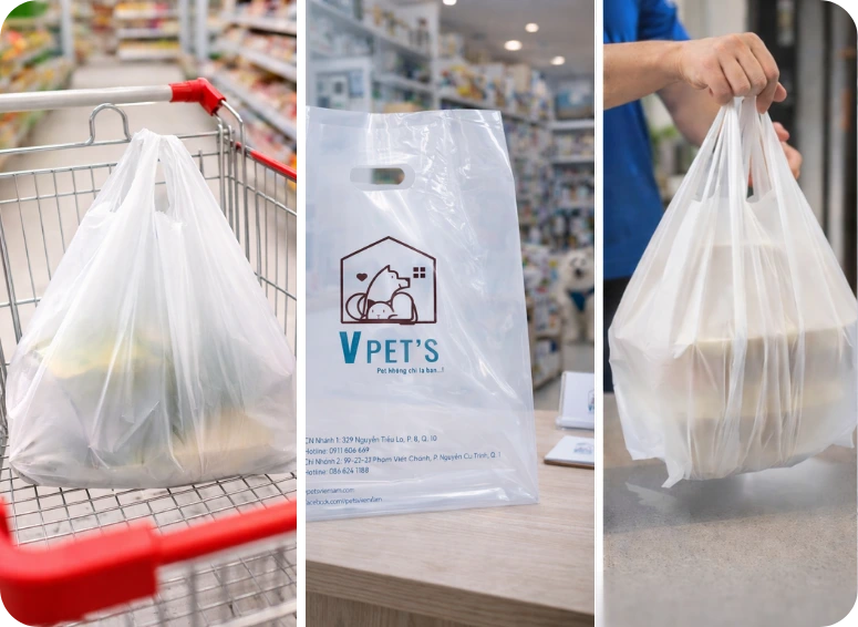 Các mẫu túi nilon phù hợp cho thời trang siêu thị mỹ phẩm thực phẩm và giao hàng, xem Cách chọn kích thước túi nilon để đạt hiệu quả sử dụng cao nhất