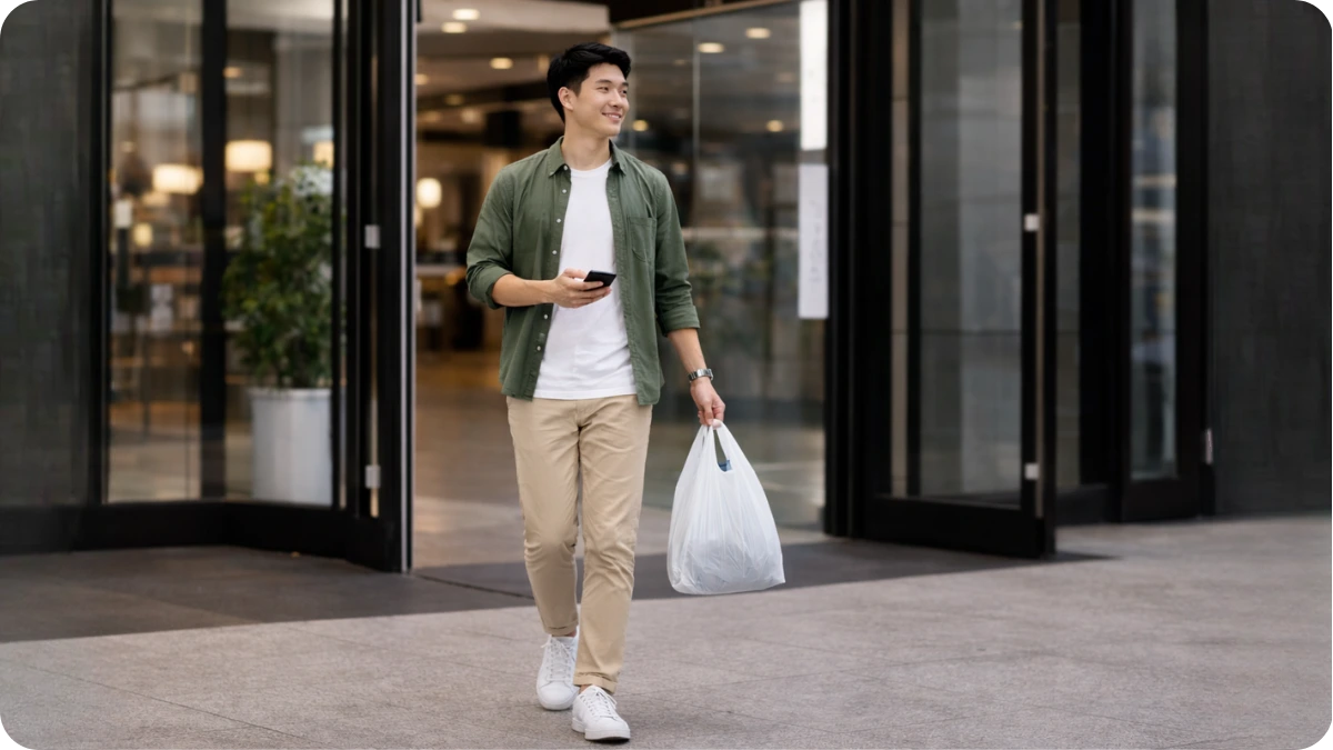 Một khách hàng nam đang xách chiếc túi xốp siêu thị trơn 2 quai màu trắng sạch sẽ, bề mặt láng mịn sang trọng, phù hợp cho shop thời trang