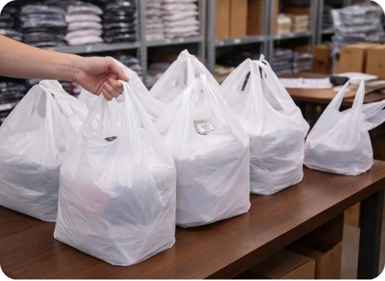 Mẫu túi xốp siêu thị trơn màu trắng loại tốt đựng đầy các kiện hàng quần áo cho shop thời trang online, đặt trên bàn đóng gói.
