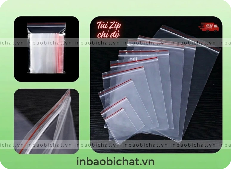Túi zip chỉ đỏ nhiều kích thước, chất liệu PE trong suốt tại In Bao Bì Chất.