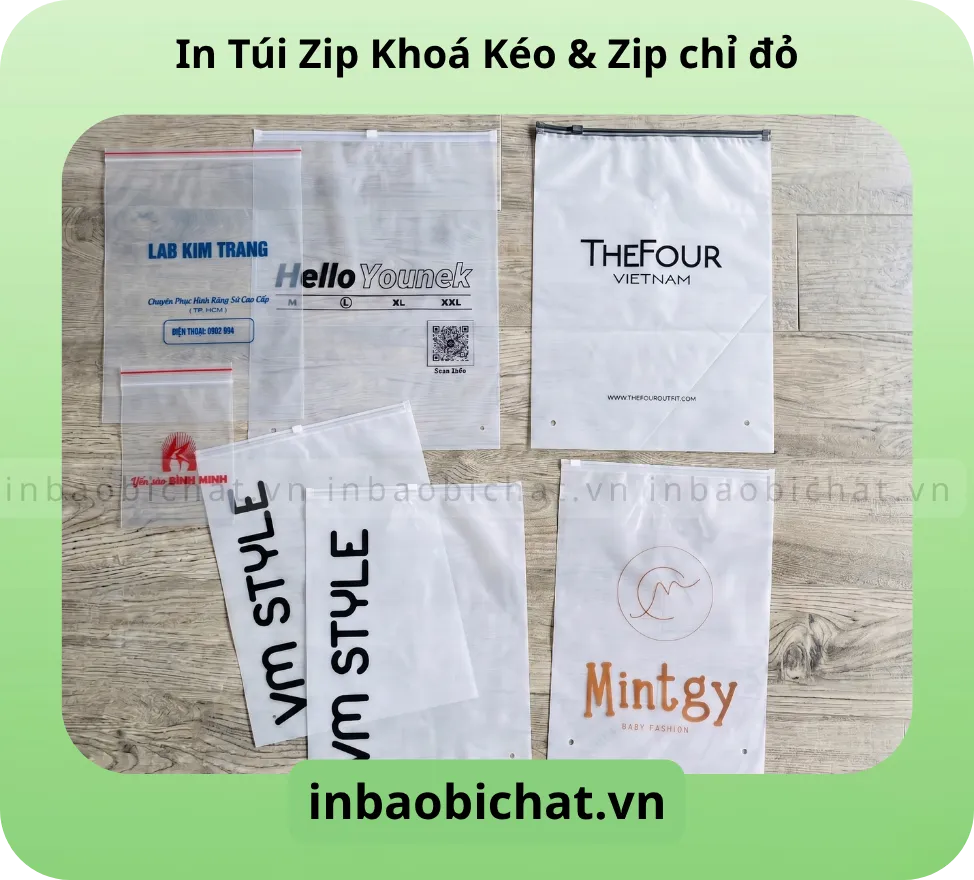 In túi zip khóa kéo và in túi zip chỉ đỏ số lượng ít cho shop thời trang, thực phẩm