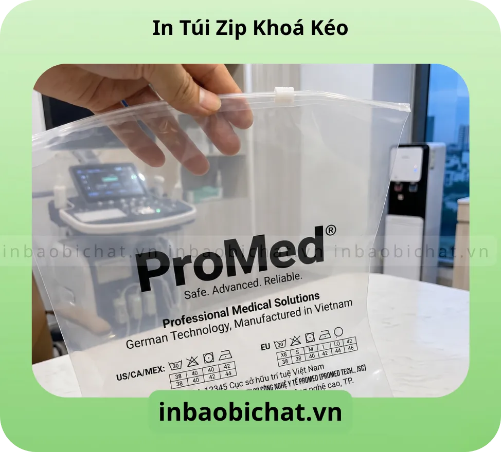 Túi zip PE trong, khoá kéo màu trắng - In 1 màu 1 mặt