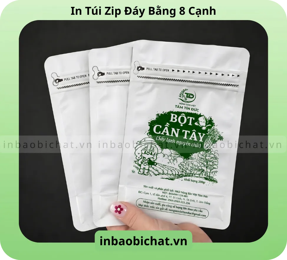 Túi zip 8 cạnh màu trắng - In 1 màu xanh - In 1 mặt trước của túi