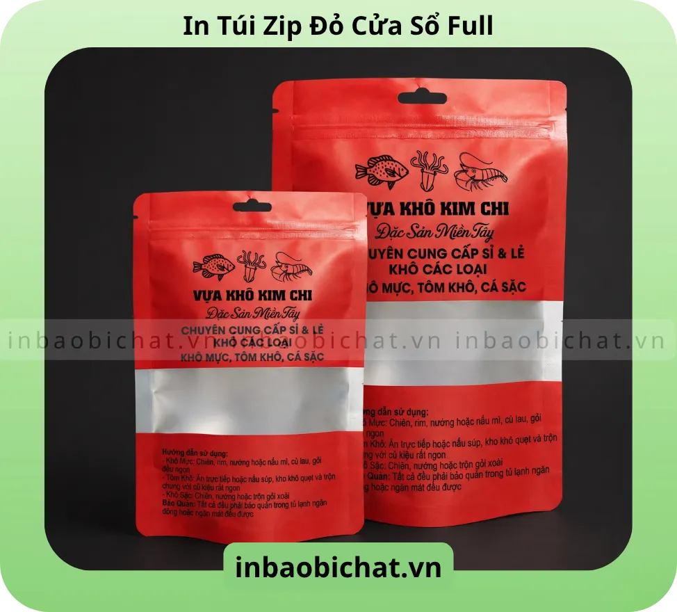 Túi zip màu đỏ có cửa sổ full - In logo 1 màu - 1 mặt