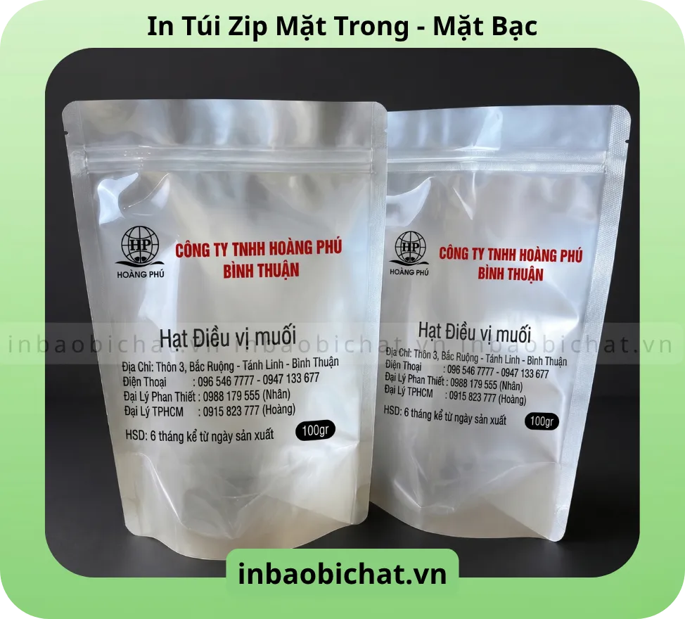 Túi zip mặt trong - mặt bạc - In 2 màu 1 mặt - Nội dung in màu đỏ + đen