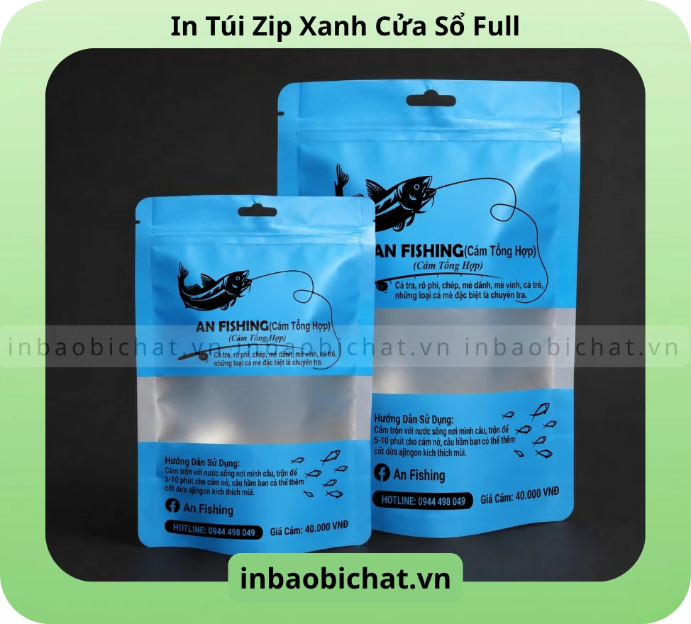 Túi zip màu xanh có cửa sổ full - In logo 1 màu - 1 mặt