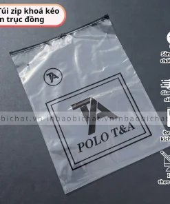 Túi zip khóa kéo in trục đồng phối logo đen trên nền trong, tạo diện mạo gọn đẹp cho bao bì sản phẩm may mặc