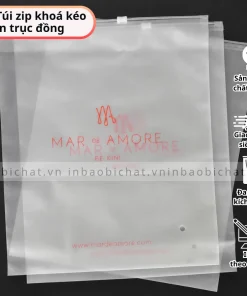 Mẫu túi zip khóa kéo in trục đồng bề mặt mờ, in logo thương hiệu đơn giản, tinh gọn, phù hợp đóng gói thời trang và mỹ phẩm